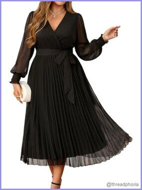 Plus Size Chiffon Midi Dress Wrap V-Neck Long Sleeve Formal